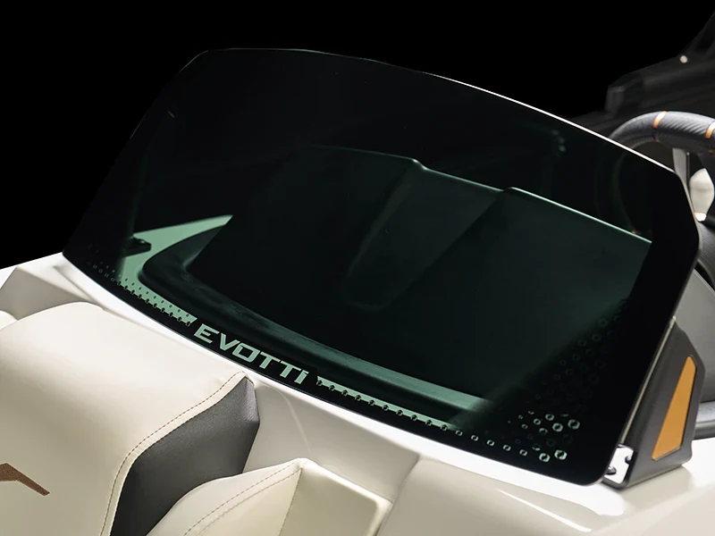 Evotti-branded windshield and dark helm detail on a 700 Series pontoon