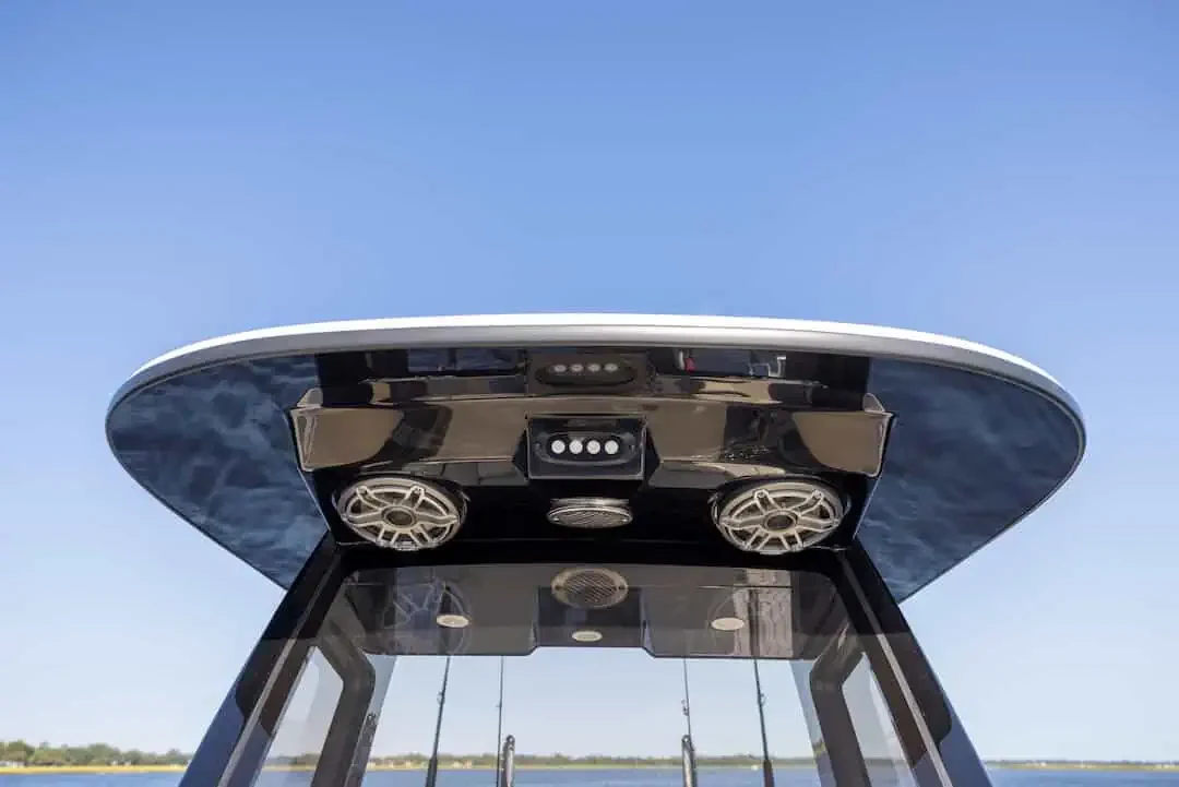 Lighting and speakers integrated beneath the Scout 281 XSS hardtop