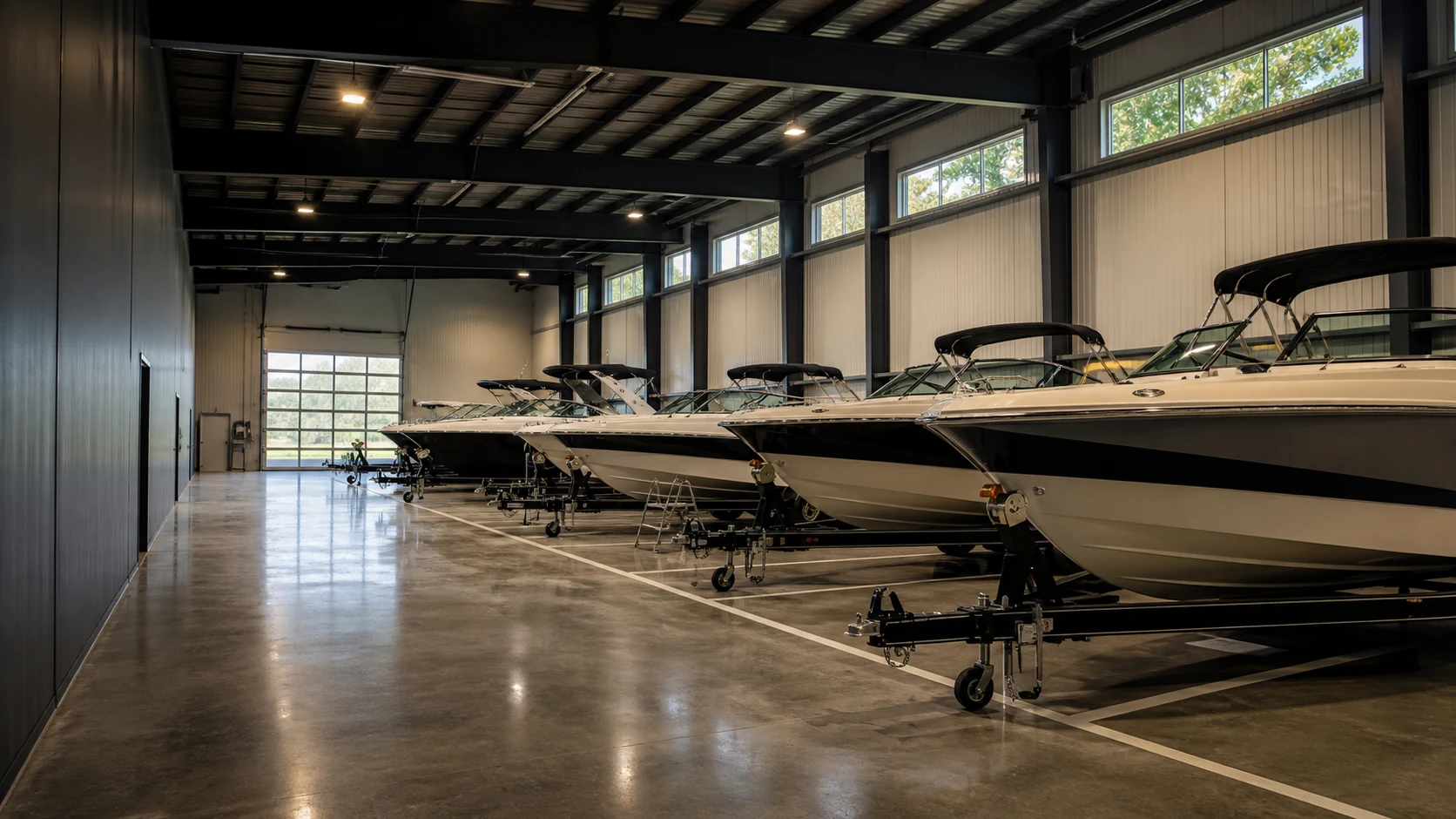 Protected boat storage represented in an editorial facility scene