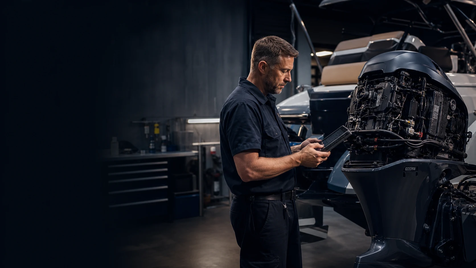 Editorial concept of a marine technician diagnosing a modern outboard engine