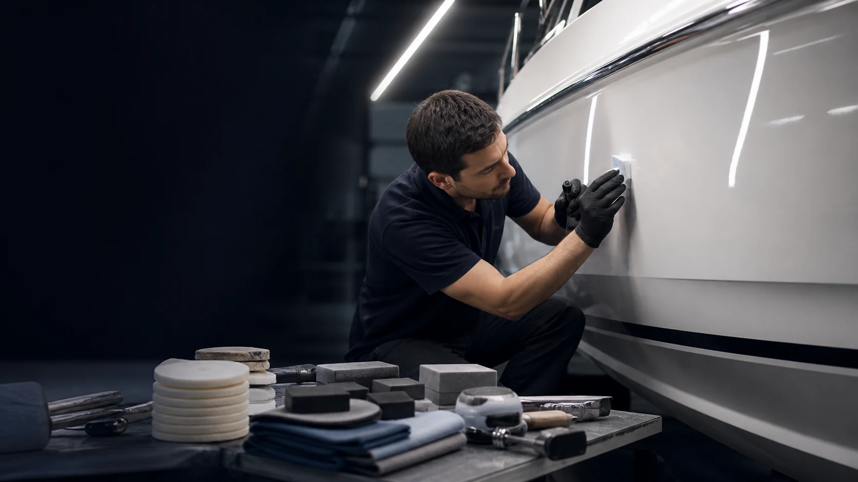 Editorial concept of precise fiberglass and gelcoat finishing on a boat hull