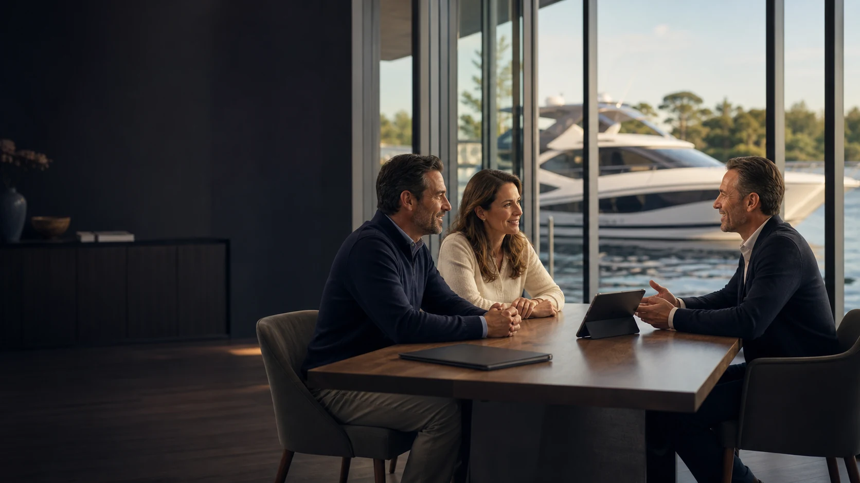 A calm boat-financing conversation represented in a premium editorial marina scene