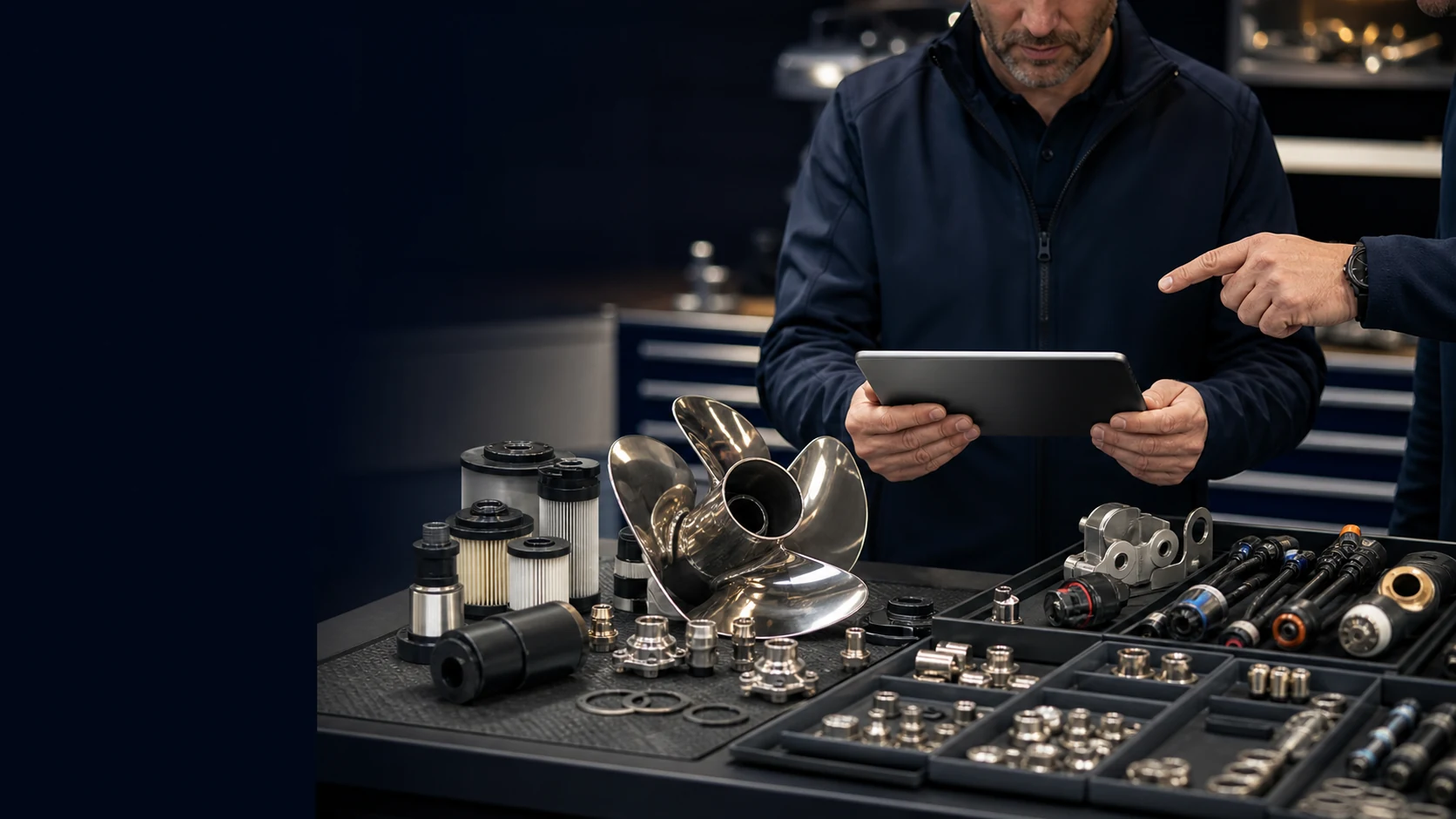 Marine parts selection represented in an editorial parts counter scene