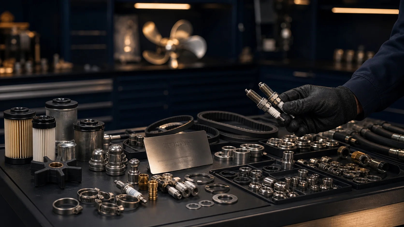 Marine components organized in an editorial parts scene