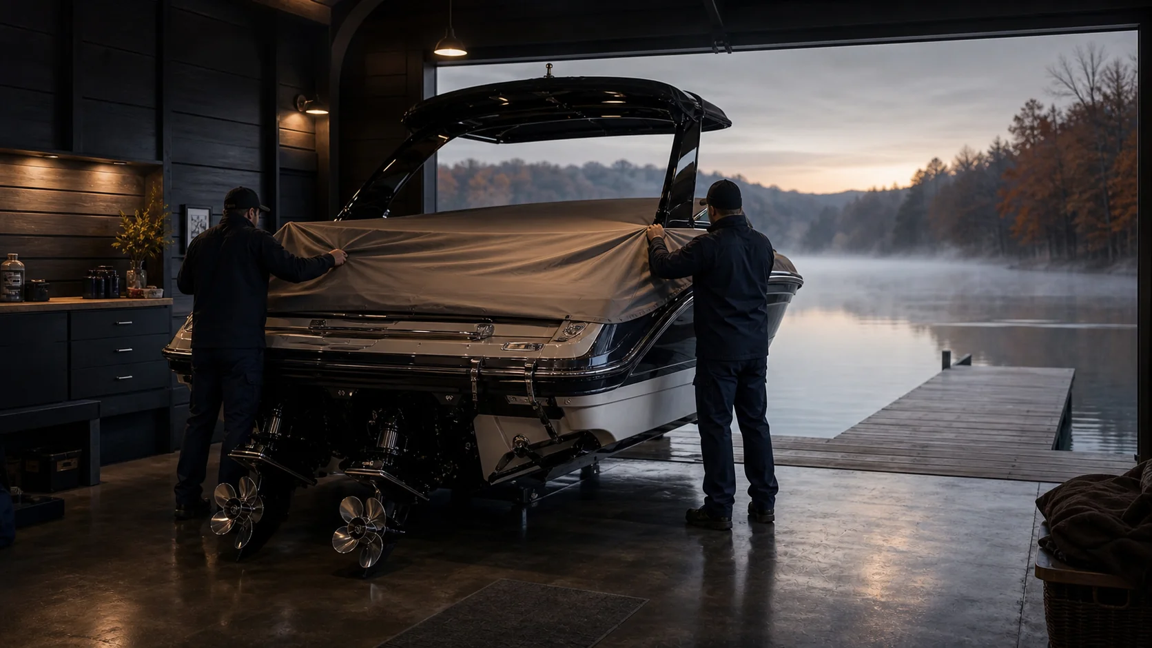 A covered boat between seasons in an editorial boat-care scene; not documentary evidence