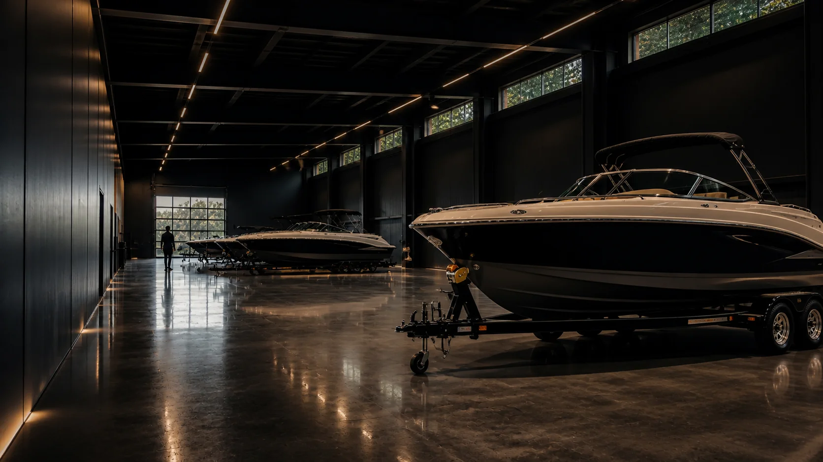 Conceptual boat storage hall with boats arranged indoors