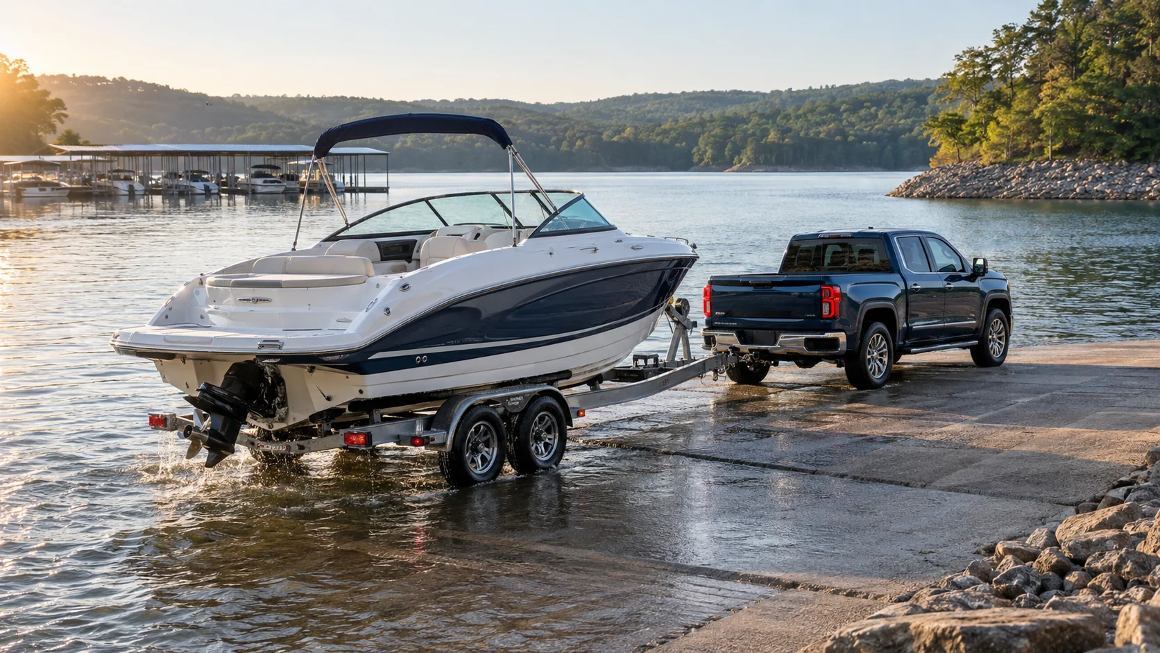 Editorial concept of a boat on a tandem-axle trailer launching at a lake ramp
