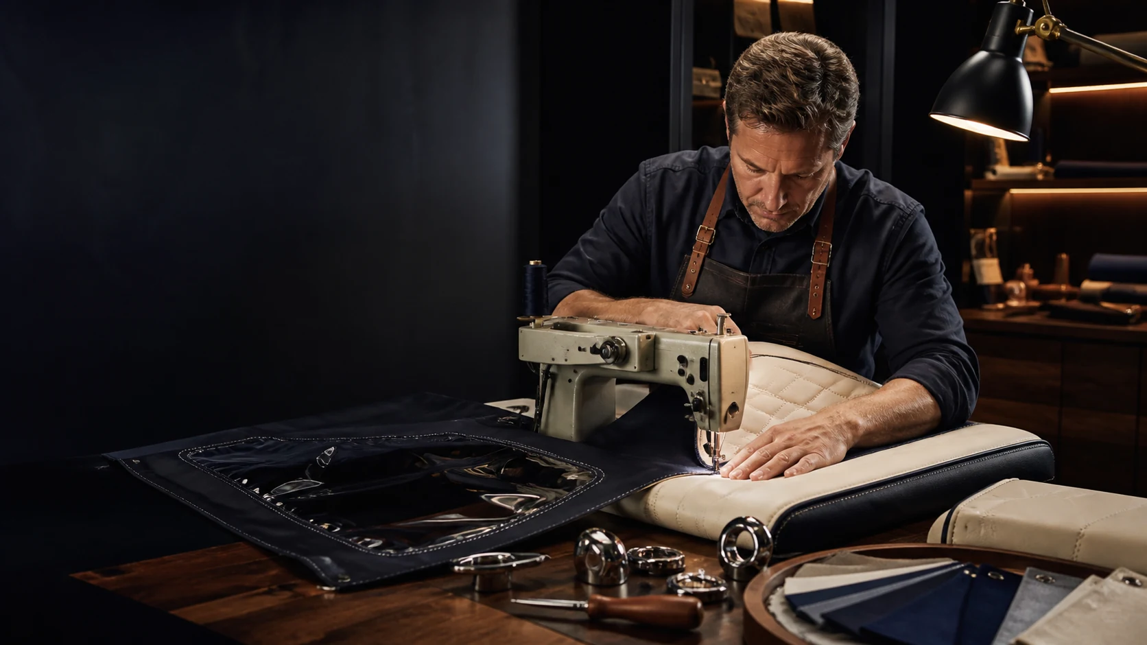 Conceptual scene of a craftsperson stitching marine upholstery