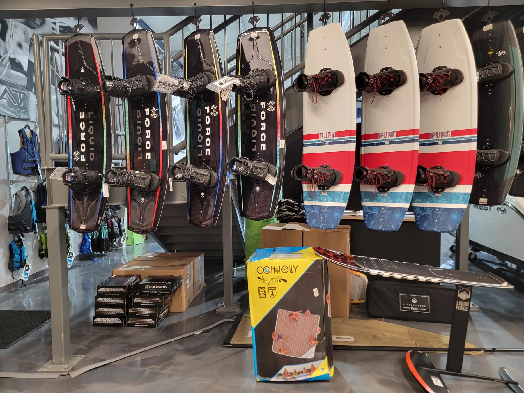 Wakesurf boards inside the Nashville Boating Center Pro Shop